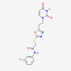 molecular formula C16H14FN5O4S B6423043 2-({5-[2-(2,4-dioxo-1,2,3,4-tetrahydropyrimidin-1-yl)ethyl]-1,3,4-oxadiazol-2-yl}sulfanyl)-N-(3-fluorophenyl)acetamide CAS No. 946276-96-6