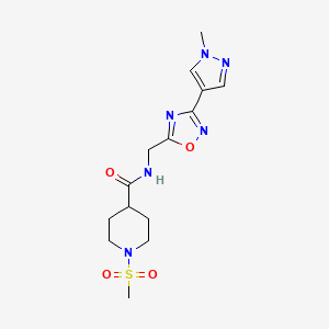 molecular formula C14H20N6O4S B6424843 1-methanesulfonyl-N-{[3-(1-methyl-1H-pyrazol-4-yl)-1,2,4-oxadiazol-5-yl]methyl}piperidine-4-carboxamide CAS No. 2034384-34-2