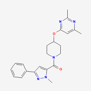 molecular formula C22H25N5O2 B6425360 2,4-dimethyl-6-{[1-(1-methyl-3-phenyl-1H-pyrazole-5-carbonyl)piperidin-4-yl]oxy}pyrimidine CAS No. 2034472-51-8