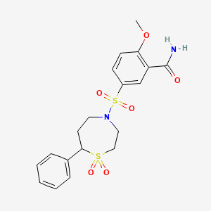 molecular formula C19H22N2O6S2 B6425764 5-[(1,1-dioxo-7-phenyl-1lambda6,4-thiazepan-4-yl)sulfonyl]-2-methoxybenzamide CAS No. 2034335-77-6
