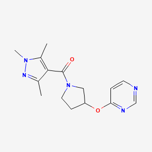 molecular formula C15H19N5O2 B6428179 4-{[1-(1,3,5-trimethyl-1H-pyrazole-4-carbonyl)pyrrolidin-3-yl]oxy}pyrimidine CAS No. 2034396-38-6