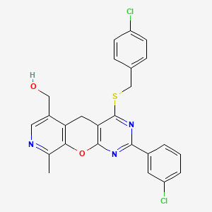 molecular formula C25H19Cl2N3O2S B6430086 [5-(3-chlorophenyl)-7-{[(4-chlorophenyl)methyl]sulfanyl}-14-methyl-2-oxa-4,6,13-triazatricyclo[8.4.0.0^{3,8}]tetradeca-1(10),3(8),4,6,11,13-hexaen-11-yl]methanol CAS No. 2097899-61-9