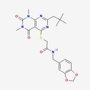 molecular formula C23H27N5O5S B6431497 N-[(2H-1,3-benzodioxol-5-yl)methyl]-2-{[2-(2,2-dimethylpropyl)-6,8-dimethyl-5,7-dioxo-5H,6H,7H,8H-[1,3]diazino[4,5-d]pyrimidin-4-yl]sulfanyl}acetamide CAS No. 906221-86-1