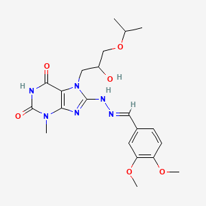 molecular formula C21H28N6O6 B6431560 8-[(E)-2-[(3,4-dimethoxyphenyl)methylidene]hydrazin-1-yl]-7-[2-hydroxy-3-(propan-2-yloxy)propyl]-3-methyl-2,3,6,7-tetrahydro-1H-purine-2,6-dione CAS No. 332103-83-0
