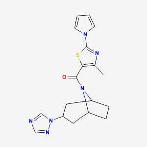 molecular formula C18H20N6OS B6432131 8-[4-methyl-2-(1H-pyrrol-1-yl)-1,3-thiazole-5-carbonyl]-3-(1H-1,2,4-triazol-1-yl)-8-azabicyclo[3.2.1]octane CAS No. 2309800-53-9
