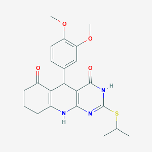 molecular formula C22H25N3O4S B6432638 5-(3,4-dimethoxyphenyl)-2-(propan-2-ylsulfanyl)-3H,4H,5H,6H,7H,8H,9H,10H-pyrimido[4,5-b]quinoline-4,6-dione CAS No. 627046-37-1