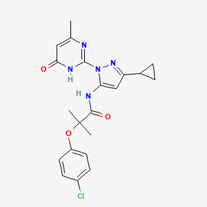 molecular formula C21H22ClN5O3 B6433022 2-(4-chlorophenoxy)-N-[3-cyclopropyl-1-(4-methyl-6-oxo-1,6-dihydropyrimidin-2-yl)-1H-pyrazol-5-yl]-2-methylpropanamide CAS No. 1203117-57-0