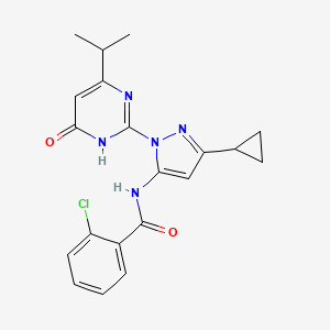 molecular formula C20H20ClN5O2 B6433030 2-chloro-N-{3-cyclopropyl-1-[6-oxo-4-(propan-2-yl)-1,6-dihydropyrimidin-2-yl]-1H-pyrazol-5-yl}benzamide CAS No. 1206996-75-9