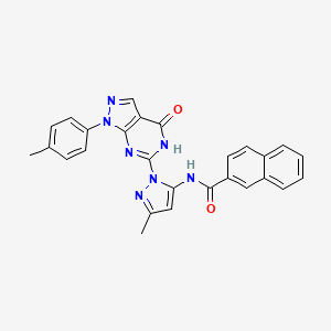 molecular formula C27H21N7O2 B6433096 N-{3-methyl-1-[1-(4-methylphenyl)-4-oxo-1H,4H,5H-pyrazolo[3,4-d]pyrimidin-6-yl]-1H-pyrazol-5-yl}naphthalene-2-carboxamide CAS No. 1171457-88-7