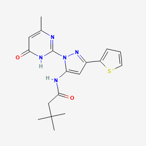 molecular formula C18H21N5O2S B6433129 3,3-dimethyl-N-[1-(4-methyl-6-oxo-1,6-dihydropyrimidin-2-yl)-3-(thiophen-2-yl)-1H-pyrazol-5-yl]butanamide CAS No. 1172750-53-6