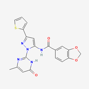 molecular formula C20H15N5O4S B6433163 N-[1-(4-methyl-6-oxo-1,6-dihydropyrimidin-2-yl)-3-(thiophen-2-yl)-1H-pyrazol-5-yl]-2H-1,3-benzodioxole-5-carboxamide CAS No. 1170230-86-0