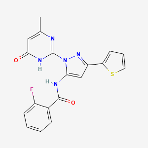 2-fluoro-N-[1-(4-methyl-6-oxo-1,6-dihydropyrimidin-2-yl)-3-(thiophen-2-yl)-1H-pyrazol-5-yl]benzamide
