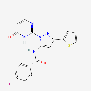 molecular formula C19H14FN5O2S B6433180 4-fluoro-N-[1-(4-methyl-6-oxo-1,6-dihydropyrimidin-2-yl)-3-(thiophen-2-yl)-1H-pyrazol-5-yl]benzamide CAS No. 1172507-36-6