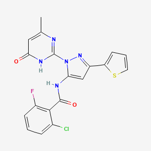 molecular formula C19H13ClFN5O2S B6433189 2-chloro-6-fluoro-N-[1-(4-methyl-6-oxo-1,6-dihydropyrimidin-2-yl)-3-(thiophen-2-yl)-1H-pyrazol-5-yl]benzamide CAS No. 1172744-38-5