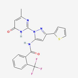 molecular formula C20H14F3N5O2S B6433212 N-[1-(4-methyl-6-oxo-1,6-dihydropyrimidin-2-yl)-3-(thiophen-2-yl)-1H-pyrazol-5-yl]-2-(trifluoromethyl)benzamide CAS No. 1172356-60-3