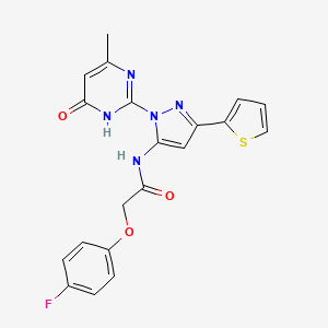 molecular formula C20H16FN5O3S B6433266 2-(4-fluorophenoxy)-N-[1-(4-methyl-6-oxo-1,6-dihydropyrimidin-2-yl)-3-(thiophen-2-yl)-1H-pyrazol-5-yl]acetamide CAS No. 1173032-13-7