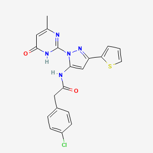 molecular formula C20H16ClN5O2S B6433287 2-(4-chlorophenyl)-N-[1-(4-methyl-6-oxo-1,6-dihydropyrimidin-2-yl)-3-(thiophen-2-yl)-1H-pyrazol-5-yl]acetamide CAS No. 1170157-31-9
