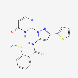 molecular formula C21H19N5O2S2 B6433340 2-(ethylsulfanyl)-N-[1-(4-methyl-6-oxo-1,6-dihydropyrimidin-2-yl)-3-(thiophen-2-yl)-1H-pyrazol-5-yl]benzamide CAS No. 1171780-50-9