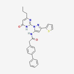molecular formula C28H25N5O2S B6433382 2-{[1,1'-biphenyl]-4-yl}-N-[1-(6-oxo-4-propyl-1,6-dihydropyrimidin-2-yl)-3-(thiophen-2-yl)-1H-pyrazol-5-yl]acetamide CAS No. 1206995-97-2