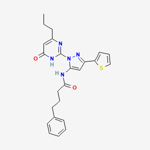 molecular formula C24H25N5O2S B6433410 N-[1-(6-oxo-4-propyl-1,6-dihydropyrimidin-2-yl)-3-(thiophen-2-yl)-1H-pyrazol-5-yl]-4-phenylbutanamide CAS No. 1206996-00-0