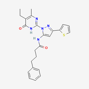 molecular formula C24H25N5O2S B6433457 N-[1-(5-ethyl-4-methyl-6-oxo-1,6-dihydropyrimidin-2-yl)-3-(thiophen-2-yl)-1H-pyrazol-5-yl]-4-phenylbutanamide CAS No. 1207028-41-8