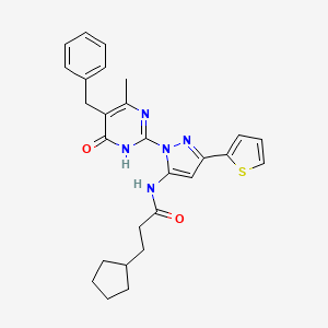 N-[1-(5-benzyl-4-methyl-6-oxo-1,6-dihydropyrimidin-2-yl)-3-(thiophen-2-yl)-1H-pyrazol-5-yl]-3-cyclopentylpropanamide