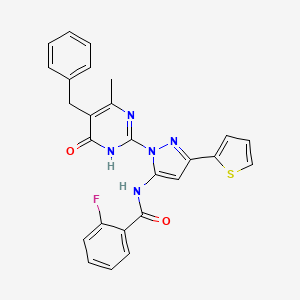 molecular formula C26H20FN5O2S B6433570 N-[1-(5-benzyl-4-methyl-6-oxo-1,6-dihydropyrimidin-2-yl)-3-(thiophen-2-yl)-1H-pyrazol-5-yl]-2-fluorobenzamide CAS No. 1207036-19-8