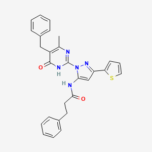 molecular formula C28H25N5O2S B6433590 N-[1-(5-benzyl-4-methyl-6-oxo-1,6-dihydropyrimidin-2-yl)-3-(thiophen-2-yl)-1H-pyrazol-5-yl]-3-phenylpropanamide CAS No. 1207015-99-3