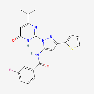 molecular formula C21H18FN5O2S B6433613 3-fluoro-N-{1-[6-oxo-4-(propan-2-yl)-1,6-dihydropyrimidin-2-yl]-3-(thiophen-2-yl)-1H-pyrazol-5-yl}benzamide CAS No. 1170866-39-3