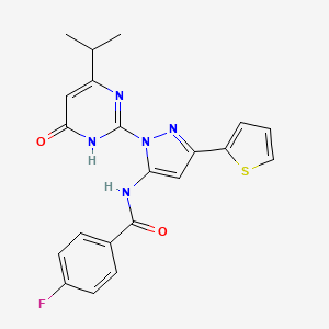 molecular formula C21H18FN5O2S B6433615 4-fluoro-N-{1-[6-oxo-4-(propan-2-yl)-1,6-dihydropyrimidin-2-yl]-3-(thiophen-2-yl)-1H-pyrazol-5-yl}benzamide CAS No. 1171537-49-7