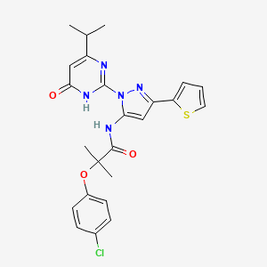 molecular formula C24H24ClN5O3S B6433639 2-(4-chlorophenoxy)-2-methyl-N-{1-[6-oxo-4-(propan-2-yl)-1,6-dihydropyrimidin-2-yl]-3-(thiophen-2-yl)-1H-pyrazol-5-yl}propanamide CAS No. 1170085-78-5