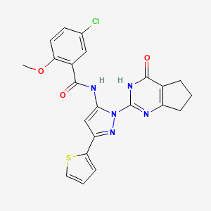 5-chloro-2-methoxy-N-(1-{4-oxo-3H,4H,5H,6H,7H-cyclopenta[d]pyrimidin-2-yl}-3-(thiophen-2-yl)-1H-pyrazol-5-yl)benzamide