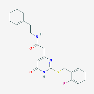 molecular formula C21H24FN3O2S B6433782 N-[2-(cyclohex-1-en-1-yl)ethyl]-2-(2-{[(2-fluorophenyl)methyl]sulfanyl}-6-oxo-1,6-dihydropyrimidin-4-yl)acetamide CAS No. 1105240-49-0