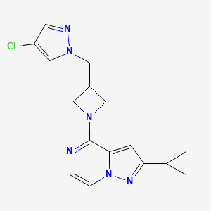 molecular formula C16H17ClN6 B6439297 4-chloro-1-[(1-{2-cyclopropylpyrazolo[1,5-a]pyrazin-4-yl}azetidin-3-yl)methyl]-1H-pyrazole CAS No. 2549056-21-3