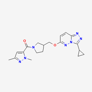 molecular formula C19H23N7O2 B6439803 5-{3-[({3-cyclopropyl-[1,2,4]triazolo[4,3-b]pyridazin-6-yl}oxy)methyl]pyrrolidine-1-carbonyl}-1,3-dimethyl-1H-pyrazole CAS No. 2548981-56-0