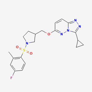 molecular formula C20H22FN5O3S B6439933 3-[({3-cyclopropyl-[1,2,4]triazolo[4,3-b]pyridazin-6-yl}oxy)methyl]-1-(4-fluoro-2-methylbenzenesulfonyl)pyrrolidine CAS No. 2548998-83-8