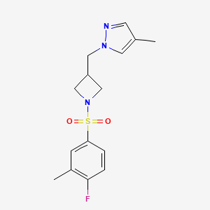 molecular formula C15H18FN3O2S B6440695 1-{[1-(4-fluoro-3-methylbenzenesulfonyl)azetidin-3-yl]methyl}-4-methyl-1H-pyrazole CAS No. 2549004-77-3
