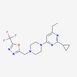 molecular formula C17H21F3N6O B6442014 2-cyclopropyl-4-ethyl-6-(4-{[5-(trifluoromethyl)-1,3,4-oxadiazol-2-yl]methyl}piperazin-1-yl)pyrimidine CAS No. 2549044-15-5