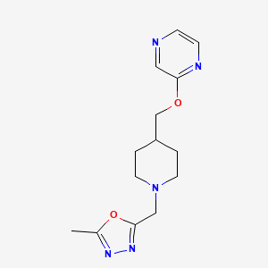 molecular formula C14H19N5O2 B6444123 2-({1-[(5-methyl-1,3,4-oxadiazol-2-yl)methyl]piperidin-4-yl}methoxy)pyrazine CAS No. 2548998-79-2