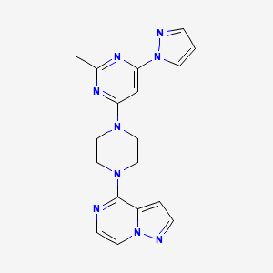 molecular formula C18H19N9 B6447468 2-methyl-4-(1H-pyrazol-1-yl)-6-(4-{pyrazolo[1,5-a]pyrazin-4-yl}piperazin-1-yl)pyrimidine CAS No. 2640976-14-1