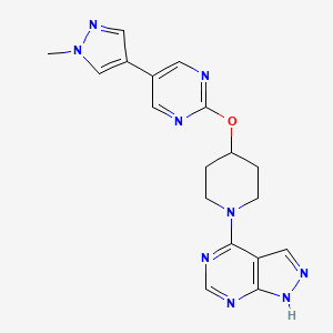 molecular formula C18H19N9O B6447577 5-(1-methyl-1H-pyrazol-4-yl)-2-[(1-{1H-pyrazolo[3,4-d]pyrimidin-4-yl}piperidin-4-yl)oxy]pyrimidine CAS No. 2548996-98-9