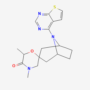 molecular formula C18H22N4O2S B6450257 4',6'-dimethyl-8-{thieno[2,3-d]pyrimidin-4-yl}-8-azaspiro[bicyclo[3.2.1]octane-3,2'-morpholin]-5'-one CAS No. 2640818-93-3