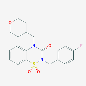 molecular formula C20H21FN2O4S B6450507 2-[(4-fluorophenyl)methyl]-4-[(oxan-4-yl)methyl]-3,4-dihydro-2H-1??,2,4-benzothiadiazine-1,1,3-trione CAS No. 2640881-42-9