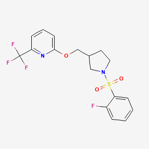 molecular formula C17H16F4N2O3S B6452230 2-{[1-(2-fluorobenzenesulfonyl)pyrrolidin-3-yl]methoxy}-6-(trifluoromethyl)pyridine CAS No. 2549017-44-7
