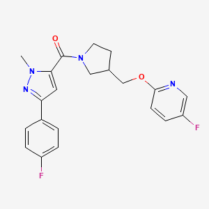 molecular formula C21H20F2N4O2 B6452323 5-fluoro-2-({1-[3-(4-fluorophenyl)-1-methyl-1H-pyrazole-5-carbonyl]pyrrolidin-3-yl}methoxy)pyridine CAS No. 2549053-95-2