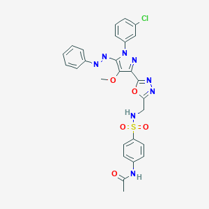 molecular formula C27H23ClN8O5S B064524 N-[4-[[5-[1-(3-chlorophenyl)-4-methoxy-5-phenyldiazenylpyrazol-3-yl]-1,3,4-oxadiazol-2-yl]methylsulfamoyl]phenyl]acetamide CAS No. 172701-71-2