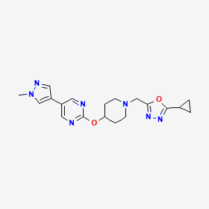 molecular formula C19H23N7O2 B6453592 2-({1-[(5-cyclopropyl-1,3,4-oxadiazol-2-yl)methyl]piperidin-4-yl}oxy)-5-(1-methyl-1H-pyrazol-4-yl)pyrimidine CAS No. 2549012-29-3