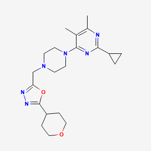 molecular formula C21H30N6O2 B6457494 2-cyclopropyl-4,5-dimethyl-6-(4-{[5-(oxan-4-yl)-1,3,4-oxadiazol-2-yl]methyl}piperazin-1-yl)pyrimidine CAS No. 2548979-98-0