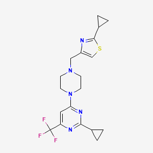 molecular formula C19H22F3N5S B6457512 2-cyclopropyl-4-{4-[(2-cyclopropyl-1,3-thiazol-4-yl)methyl]piperazin-1-yl}-6-(trifluoromethyl)pyrimidine CAS No. 2549011-47-2