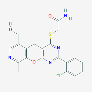 2-{[5-(2-chlorophenyl)-11-(hydroxymethyl)-14-methyl-2-oxa-4,6,13-triazatricyclo[8.4.0.0?,?]tetradeca-1(10),3(8),4,6,11,13-hexaen-7-yl]sulfanyl}acetamide